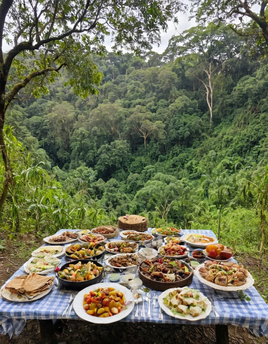 there are many plates of food on a table with a view, ❤🔥🍄🌪, forest picnic, the table is full of food, delicious food, eating outside, cooking it up, dinner is served, cozy place, awesome greate composition, all in the amazing outdoors view, overflowing feast buffet table, setting in nature, outdoors setting, jungle setting