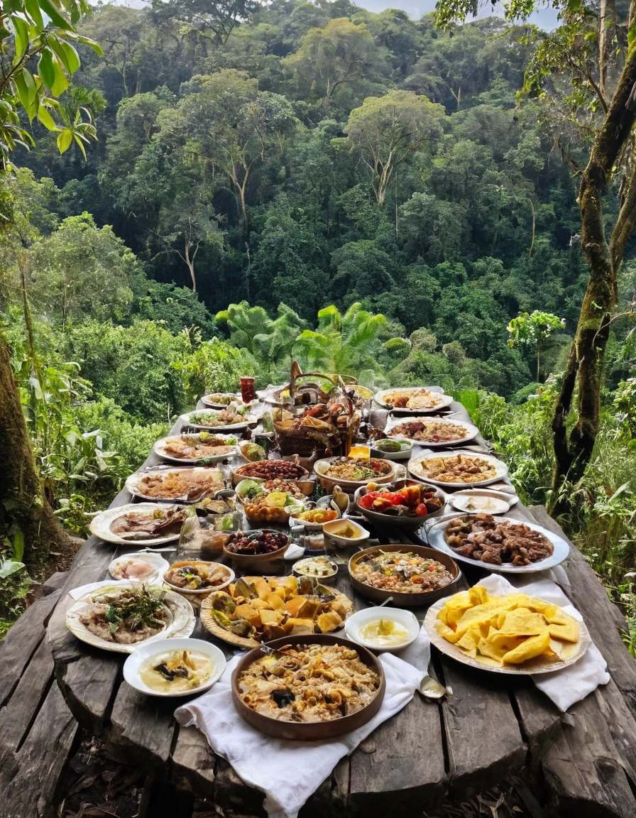 there are many plates of food on a table with a view, ❤🔥🍄🌪, forest picnic, the table is full of food, delicious food, eating outside, cooking it up, dinner is served, cozy place, awesome greate composition, all in the amazing outdoors view, overflowing feast buffet table, setting in nature, outdoors setting, jungle setting