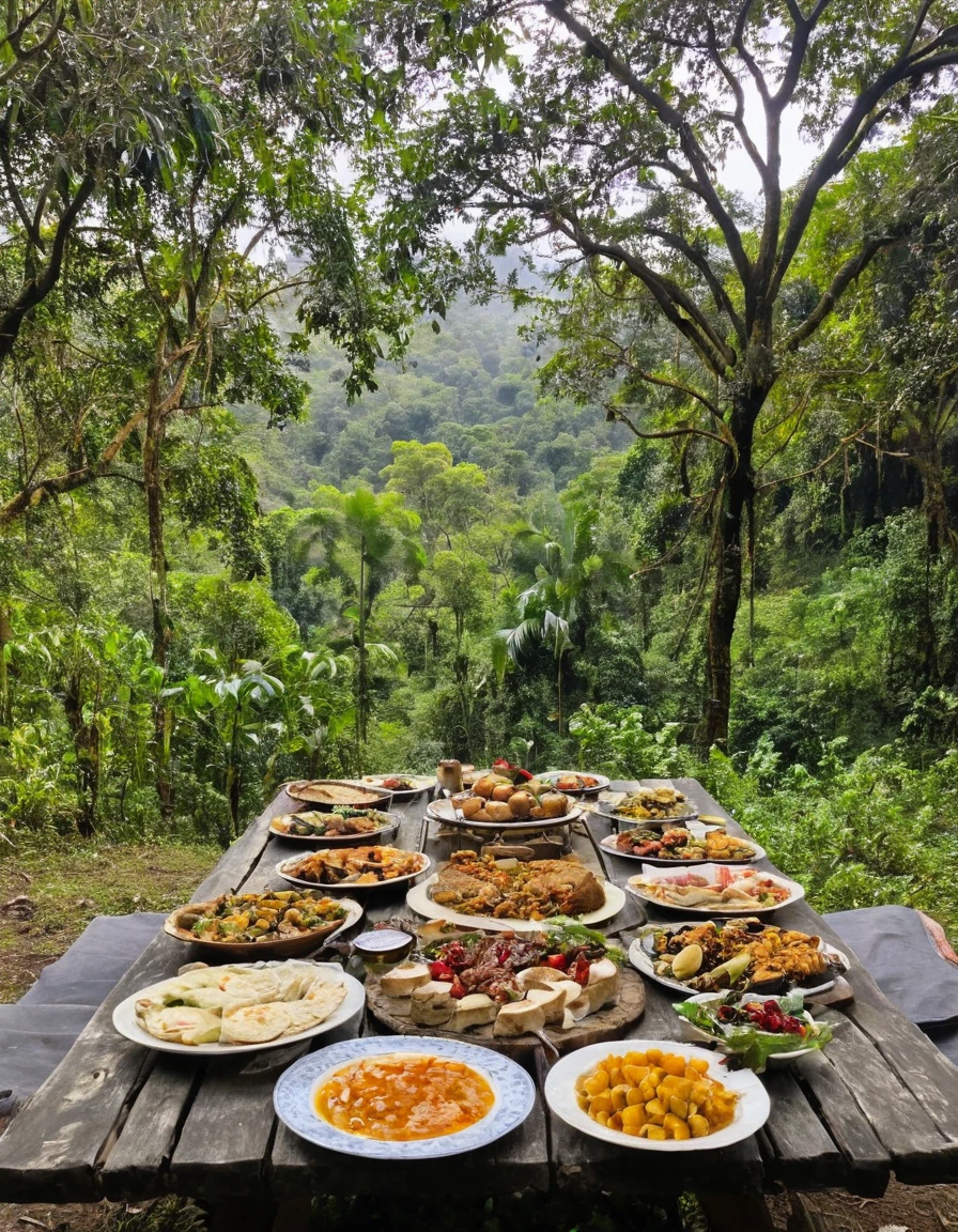 there are many plates of food on a table with a view, ❤🔥🍄🌪, forest picnic, the table is full of food, delicious food, eating outside, cooking it up, dinner is served, cozy place, awesome greate composition, all in the amazing outdoors view, overflowing feast buffet table, setting in nature, outdoors setting, jungle setting