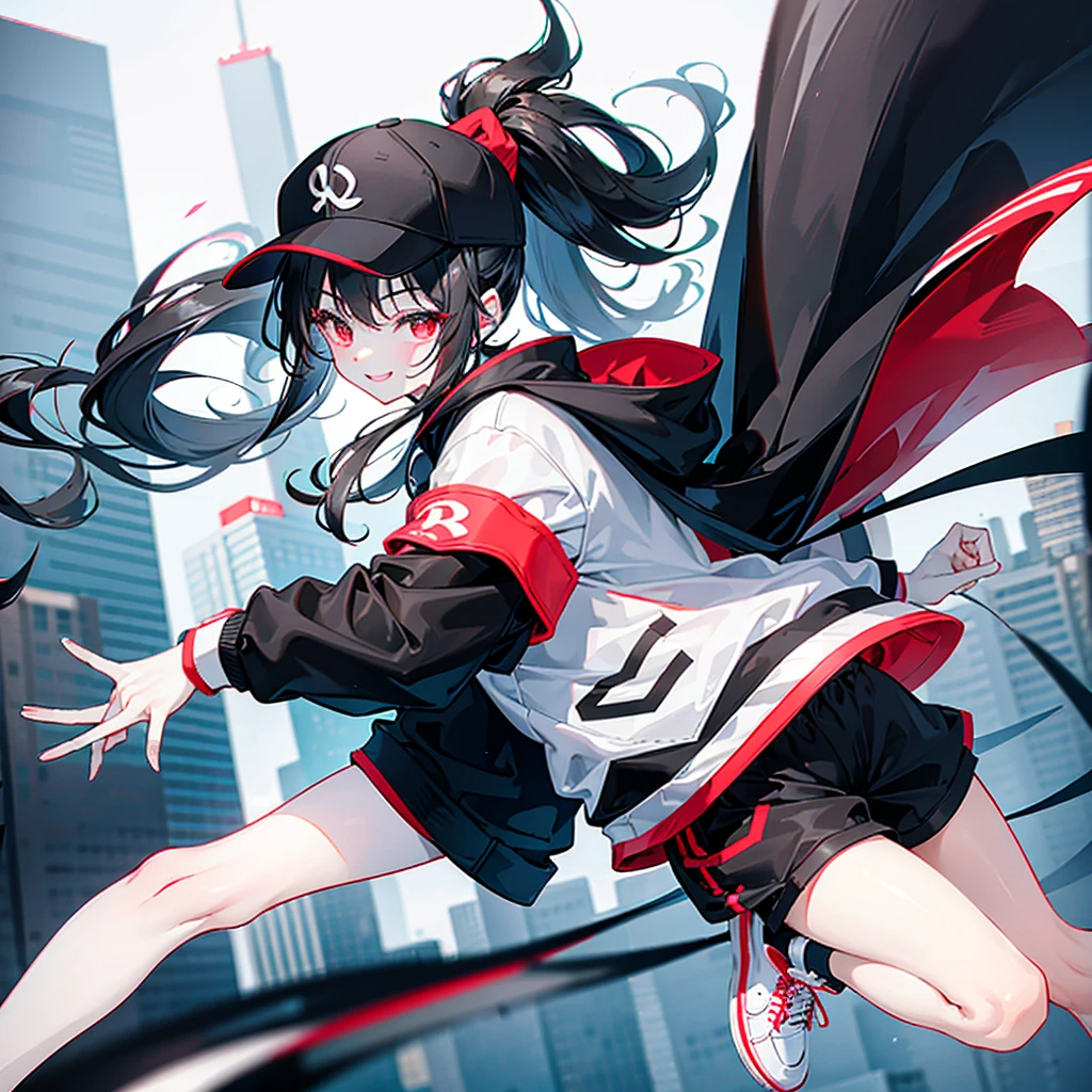 (ponytail),(Black Hair),beautiful girl,Peace sign near face, Wear a black hat,Red sneakers,In the crowd,White tops,Black jacket,Black shorts,Tall buildings,signal machine,A lot of people,smile