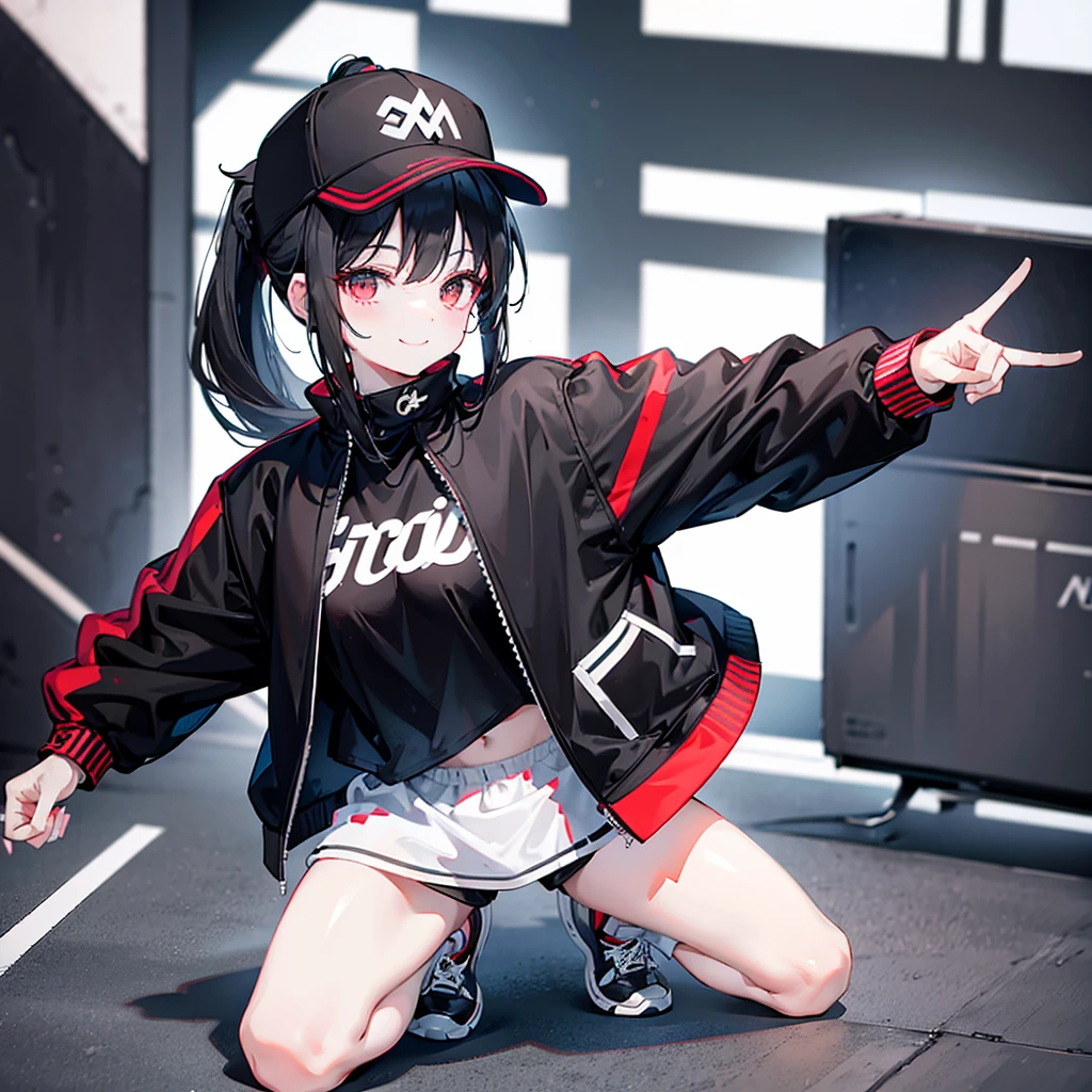 (ponytail),(Black Hair),beautiful girl,Peace sign near face, Wear a black hat,Red sneakers,In the crowd,White tops,Black jacket,Black shorts,Tall buildings,signal machine,A lot of people,smile