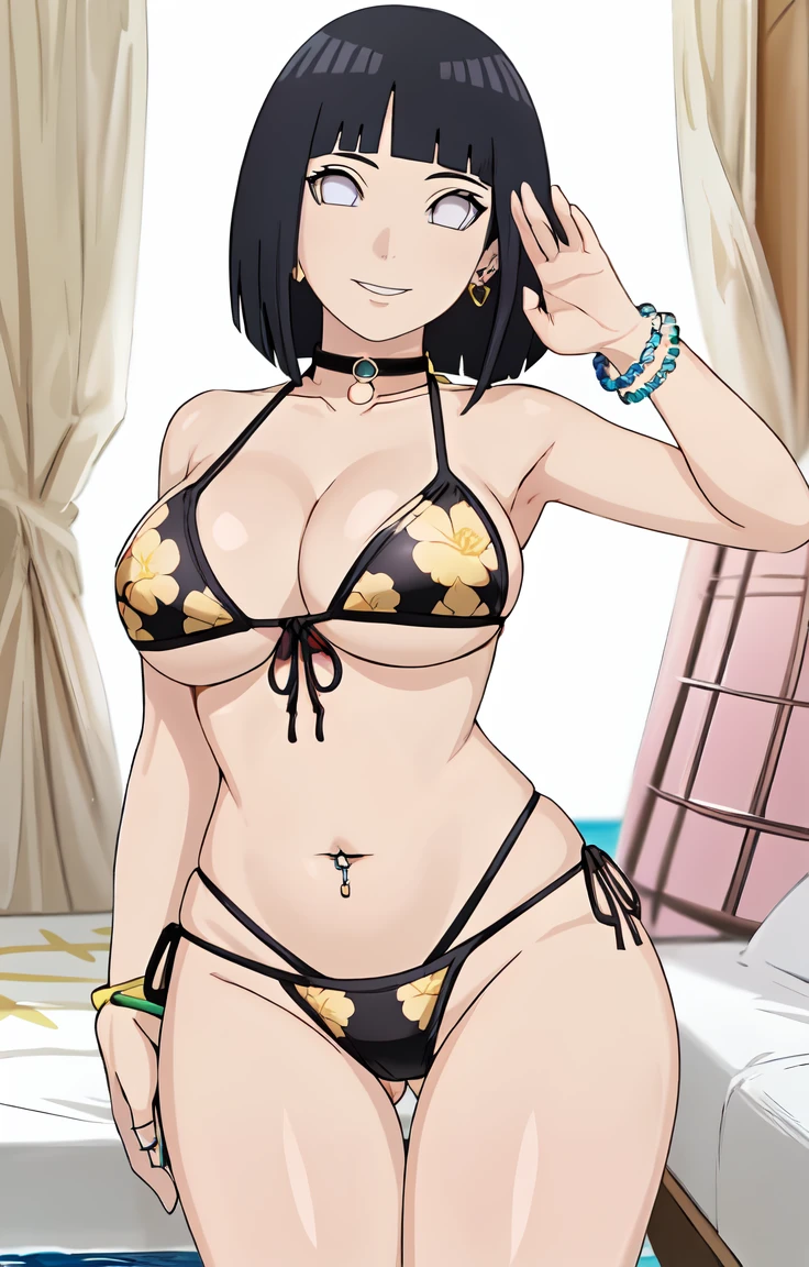 score_9, score_8_up, score_7_up, source_anime,, looking at viewer, eyes smile , big breasts , wide hips , cowboy pose, milf body, 1girl, hinata, kitagawa_bikini , bedroom , (wearing a micro bikini with print:1.2)),((black micro bikini , yellow floral print )), cowboy pose (marinbikiniv1), (print bikini:1.2), (piercing), (side-tie bikini bottom:1.2), (earrings), (collarbone), (cleavage:1.2), (black choker), (bead bracelet)