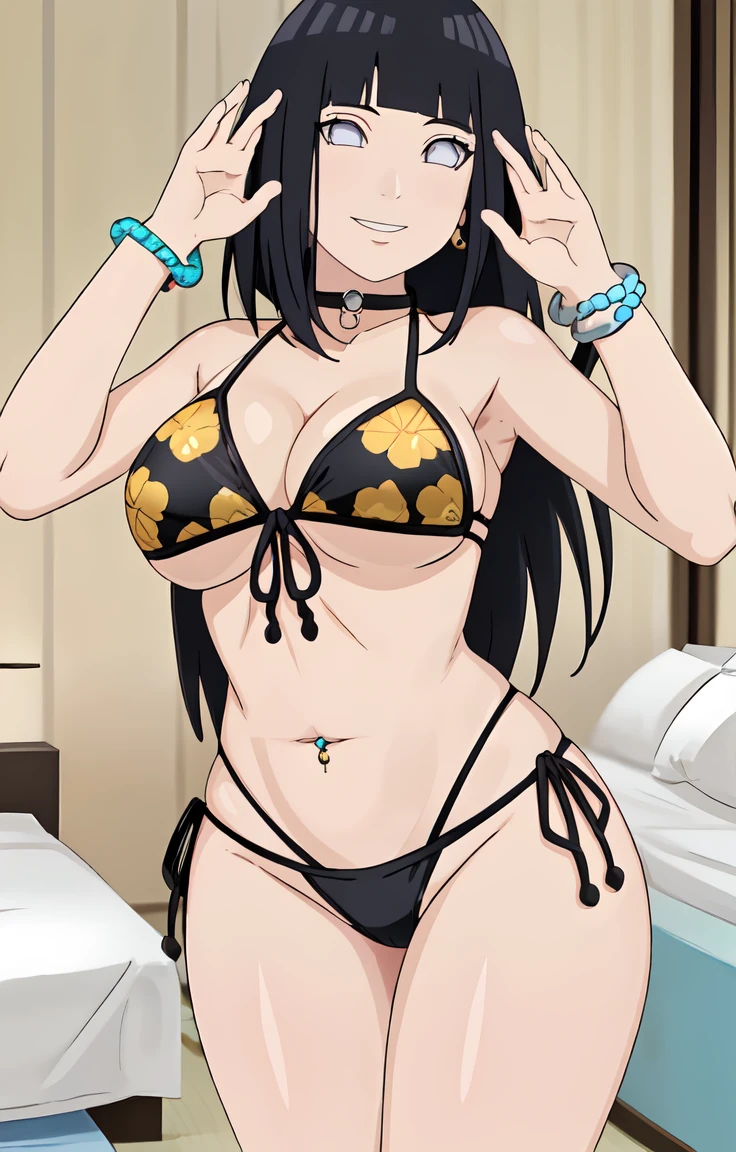 score_9, score_8_up, score_7_up, source_anime,, looking at viewer, eyes smile , big breasts , wide hips , cowboy pose, milf body, 1girl, hinata, kitagawa_bikini , bedroom , (wearing a micro bikini with print:1.2)),((black micro bikini , yellow floral print )), cowboy pose (marinbikiniv1), (print bikini:1.2), (piercing), (side-tie bikini bottom:1.2), (earrings), (collarbone), (cleavage:1.2), (black choker), (bead bracelet)