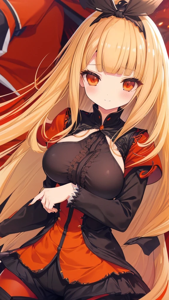 best quality, extremely detailed,anime style girl,((wavy)) long hair,((((blunt bangs)))),(hair between eyes),bright blond hair,beautiful detailed eyes,Orange eyes,Sharp eyes with many eyelashes,huge breasts,((fantasy black and red costumes)),short pants,trousers,hair ornament,amusement park,smile,dynamic pose
