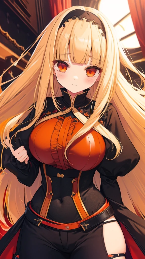 best quality, extremely detailed,anime style girl,((wavy)) long hair,((((blunt bangs)))),(hair between eyes),bright blond hair,beautiful detailed eyes,Orange eyes,Sharp eyes with many eyelashes,huge breasts,fantasy black and red costumes,blouse,trousers,hair ornament,Luxurious room,cool expression,