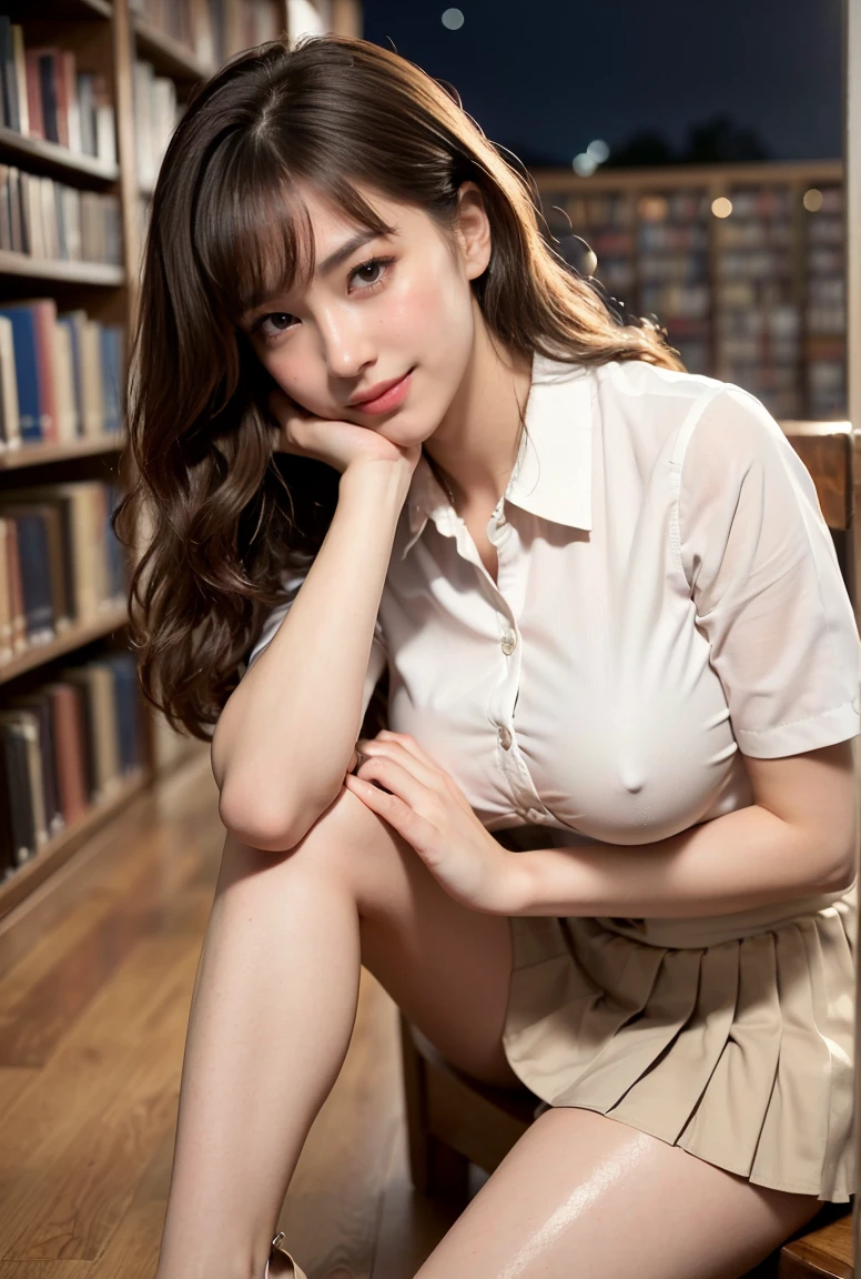 (((neat woman, perverted:1.9,hand on mouth,deep make up:1.8,touch own nipples over clothes:1.9,little pussy juice:1.9))),(((sitting down on the long bench,from below,huge breasts:1.8,kind smile:1.8,blush:1.8,deep cheek:1.8))),please touch me,eat me,tempting viewer,i want you))),(((blush,blush,deep cheek,deep cheek)))),(cinematic lighting), (Photo real:1.4)、(A hyper-realistic:1.4)、(Photorealistic:1.3)、 (gentle lighting: 1.05)、(Improve the lighting quality of your video:0.9)、 32k、25years old woman、photorealistic lighting、Back lighting、Facial Lights、Ray Trace、(bright:1.2)、(Increase quality:1.4)、 (best quality real texture skin)、Fair eyes,delicate face、 Close-up of the face, ((((Wearing the white collared-shirts,pleated beige skirt,high-heel:1.4))),(Bodyline mood improvement:1.1)、Glossy skin、good figure,perfect anatomy,Beautiful actress,(((beautiful huge soft breasts:1.8,huge breasts,slender waist,slender hip,long slender legs,8heads tall))),(((8heads tall))),(((brown wavy midium hair,bangs))),(((sweat skin,shiny skin,in the beautiful library,super clean night view,in the night))),