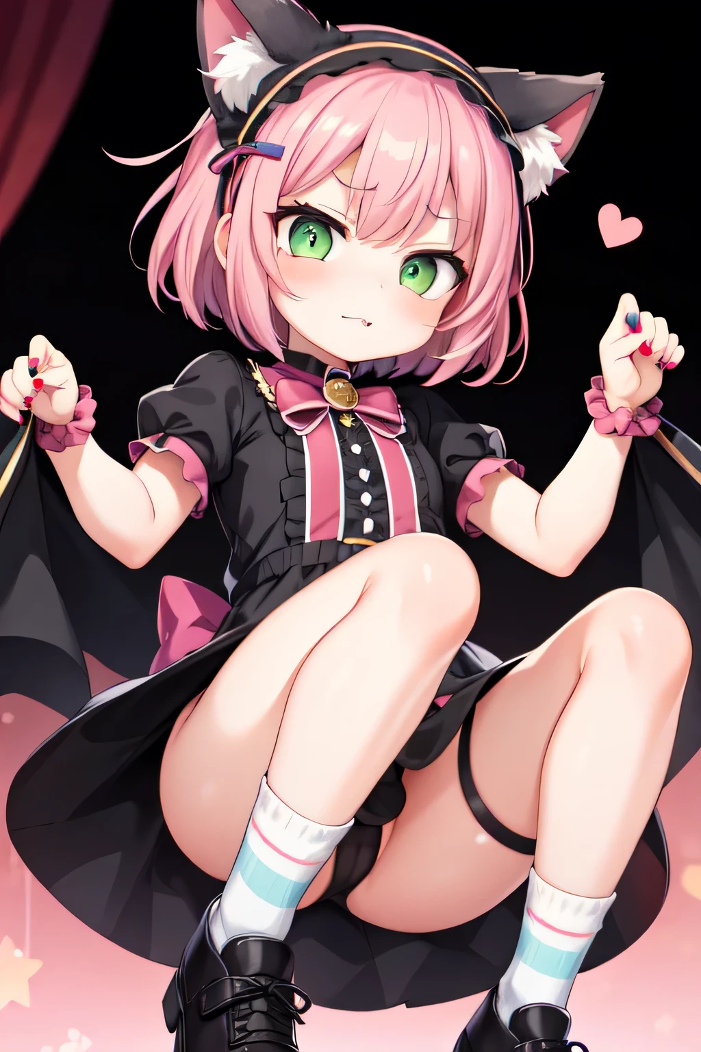 1girl, malevolent, evil look, pink hair, short hair, green eyes, animal ears, fake animal ears, cat ears, hairband, dress, striped, socks, shoes, nail polish, night background,Annie Hastur, Smol, Cat Ears Headband, ,