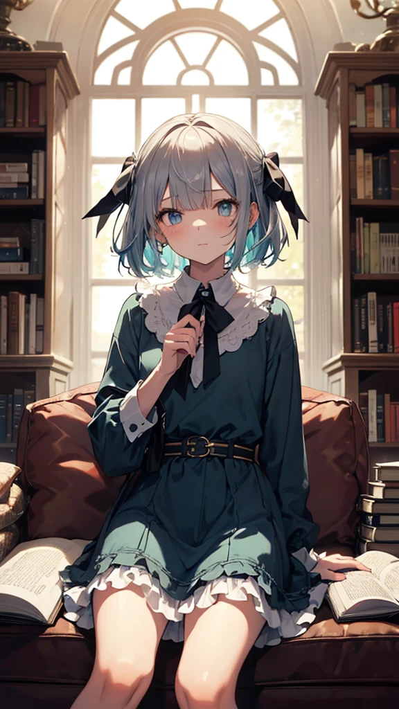 (masterpiece), (best quality), ((very detailed)), (very delicate), (A young girl),-yeld gi silver short hair. Soft, shiny hair. Clear cyan droopy eyes, long bangs covering her eyes. Wears glasses to avoid eye contact., Cute frilly dress with detailed textures, Luxurious room with bookshelves and fancy furniture. Often reading books,Shy, always looking down, lacking confidence, on the verge of tears