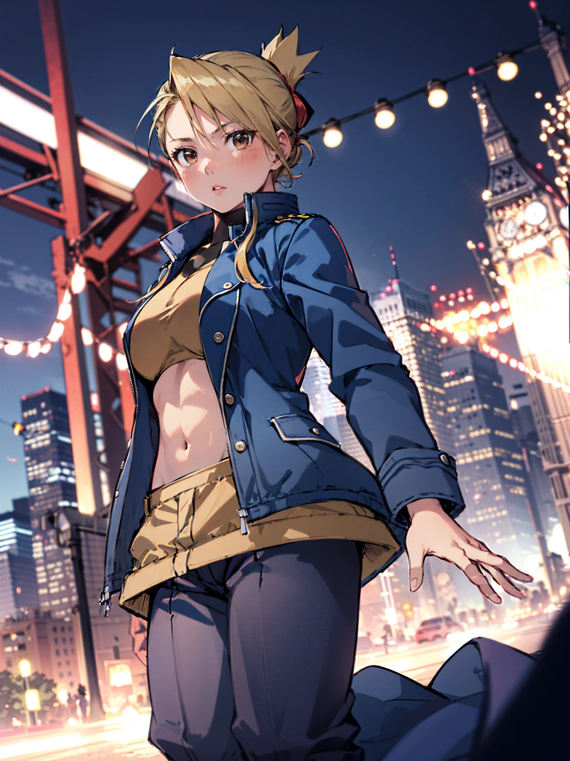 masterpiece, Highest quality, High resolution, One girl, (Blue jacketの下にBlack innerwearを着ている), Folded ponytail, Brown eyes, , uniform, Blue jacket, Blue pants,Invitation , glamorous, ,Big Breasts, Black innerwear, blush