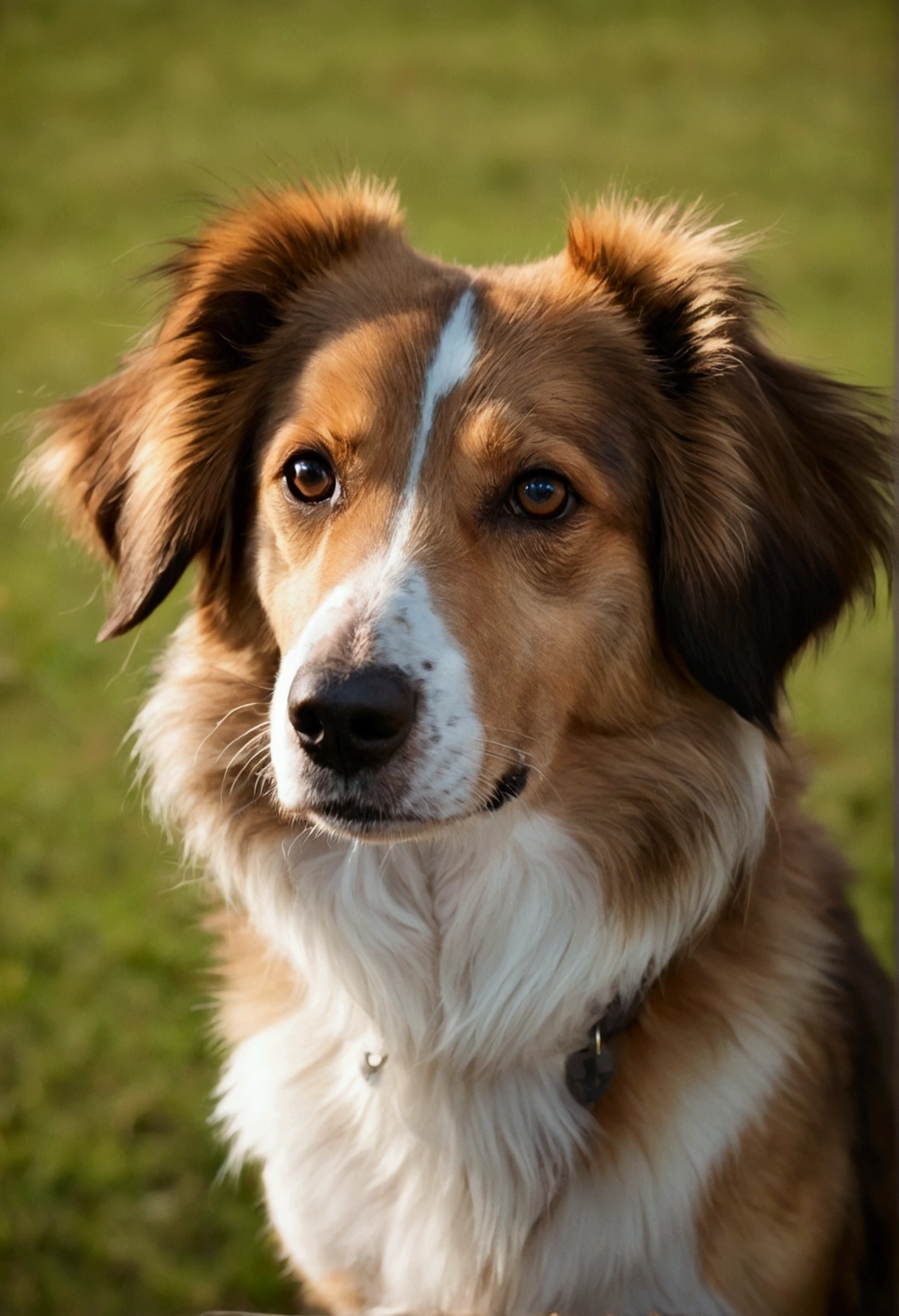 dog with a long nose, Medium Hair, light brown face with white and brown body, dark furry ears