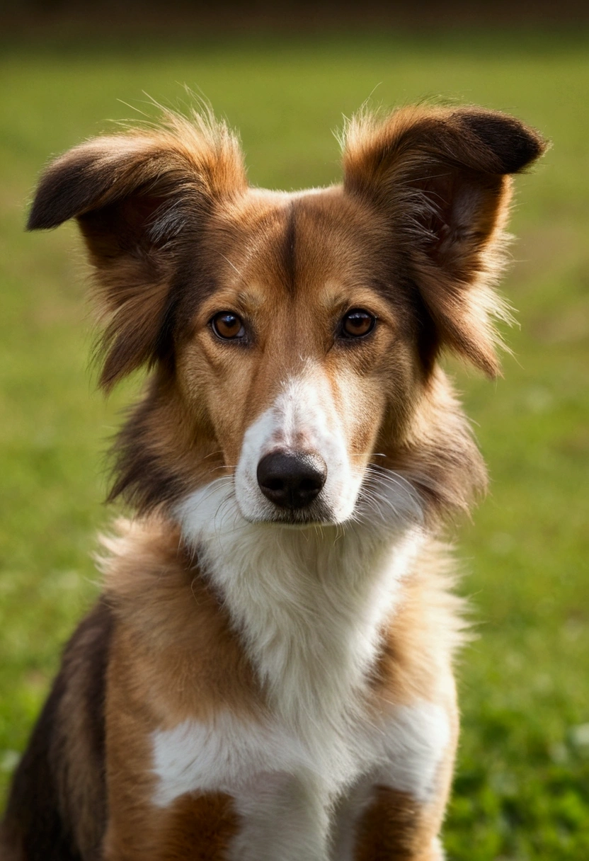 dog with a long nose, Medium Hair, light brown face with white and brown body, dark furry ears