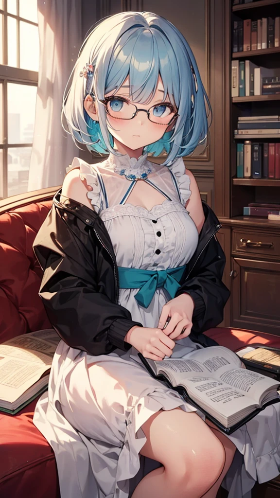 (masterpiece), (best quality), ((very detailed)), (very delicate), (A young girl),, silver short hair. Soft, shiny hair. Clear cyan droopy eyes, long bangs covering her eyes. Wears glasses to avoid eye contact., Cute frilly dress with detailed textures, Luxurious room with bookshelves and fancy furniture. Often reading books,Shy, always looking down, lacking confidence, on the verge of tears