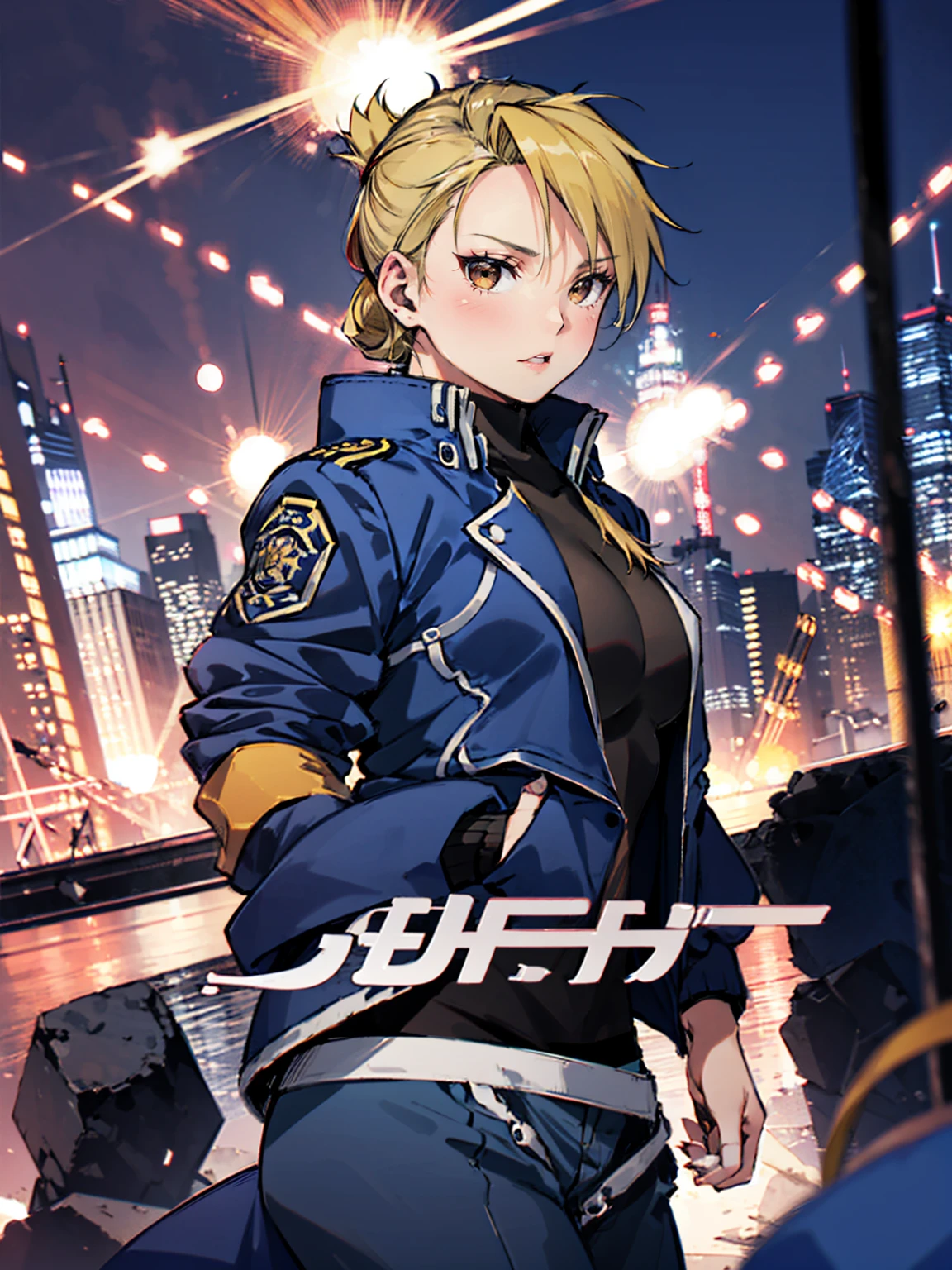 masterpiece, Highest quality, High resolution, One girl, (Riza Hawkeye, Blue jacket), Folded ponytail, Brown eyes, , (uniform, Blue jacket, Blue pants), ,Big Breasts,