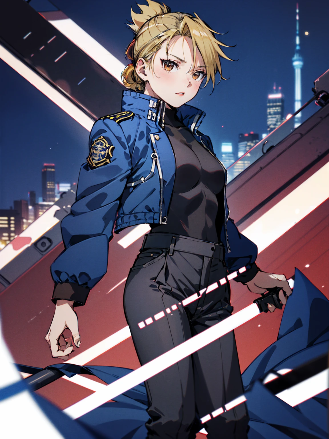 masterpiece, Highest quality, High resolution, One girl, (Riza Hawkeye, Blue jacket), Folded ponytail, Brown eyes, , (uniform, Blue jacket, Blue pants), ,Big Breasts, Black innerwear