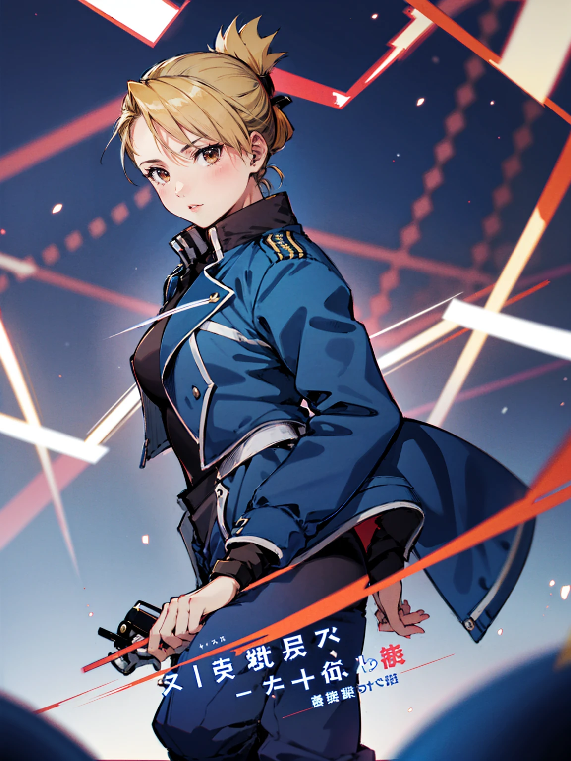 masterpiece, Highest quality, High resolution, One girl, (Riza Hawkeye, Blue jacket), Folded ponytail, Brown eyes, , (uniform, Blue jacket, Blue pants), ,Big Breasts,