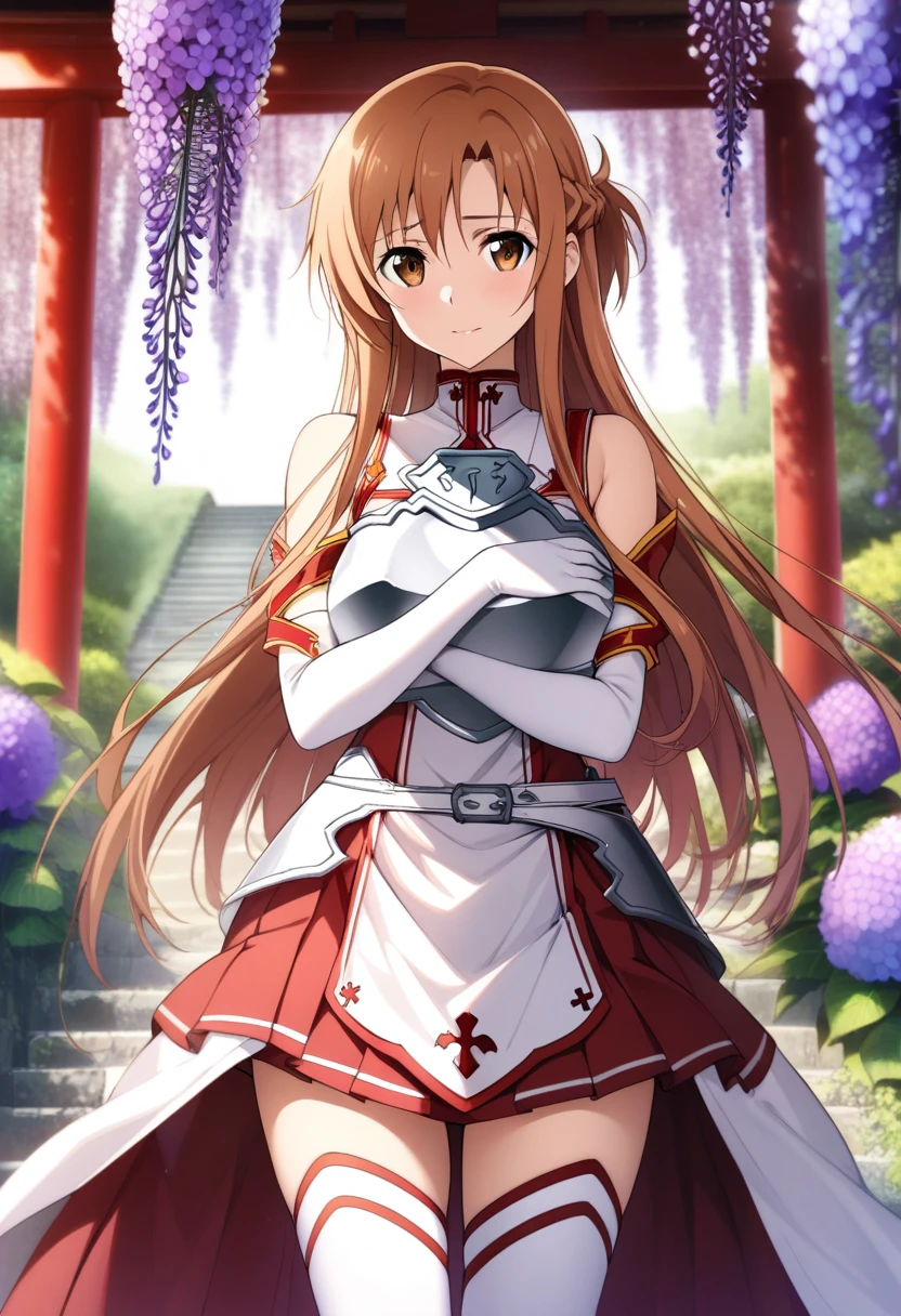 masterpiece, best quality, very aesthetic, absurdres, 1girl, mature_lady, hands cover breasts, upper body,,asuna_(sao), sword_art_online, brown_eyes, brown_hair, long_hair, very_long_hair, braid, french_braid,armor, armored_dress, breastplate, white_armor, belt, white_belt, dress, white_dress, detached_sleeves, elbow_gloves, gloves, sleeveless, sleeveless_dress, miniskirt, pleated_skirt, red_skirt, skirt, thighhighs, white_thighhighs, zettai_ryouiki,,Wallpaper Fusion, dappled sunlight, day, flower, hydrangea, leaf, light rays, nature, outdoors, path, plant, purple flower, scenery, stairs, sunlight, torii, tree, wisteria,blur background,background defocus