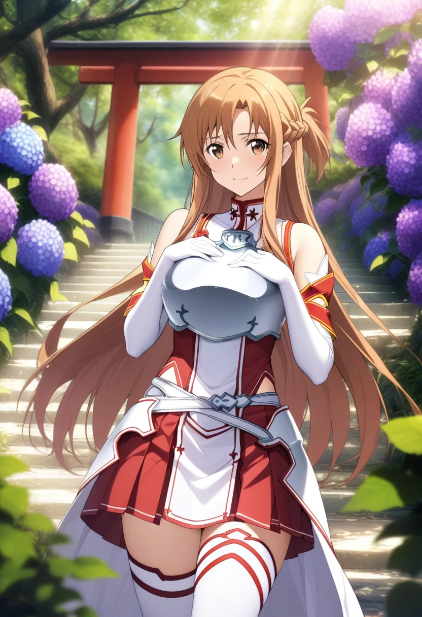 masterpiece, best quality, very aesthetic, absurdres, 1girl, mature_lady, hands cover breasts, upper body,,asuna_(sao), sword_art_online, brown_eyes, brown_hair, long_hair, very_long_hair, braid, french_braid,armor, armored_dress, breastplate, white_armor, belt, white_belt, dress, white_dress, detached_sleeves, elbow_gloves, gloves, sleeveless, sleeveless_dress, miniskirt, pleated_skirt, red_skirt, skirt, thighhighs, white_thighhighs, zettai_ryouiki,,Wallpaper Fusion, dappled sunlight, day, flower, hydrangea, leaf, light rays, nature, outdoors, path, plant, purple flower, scenery, stairs, sunlight, torii, tree, wisteria,blur background,background defocus