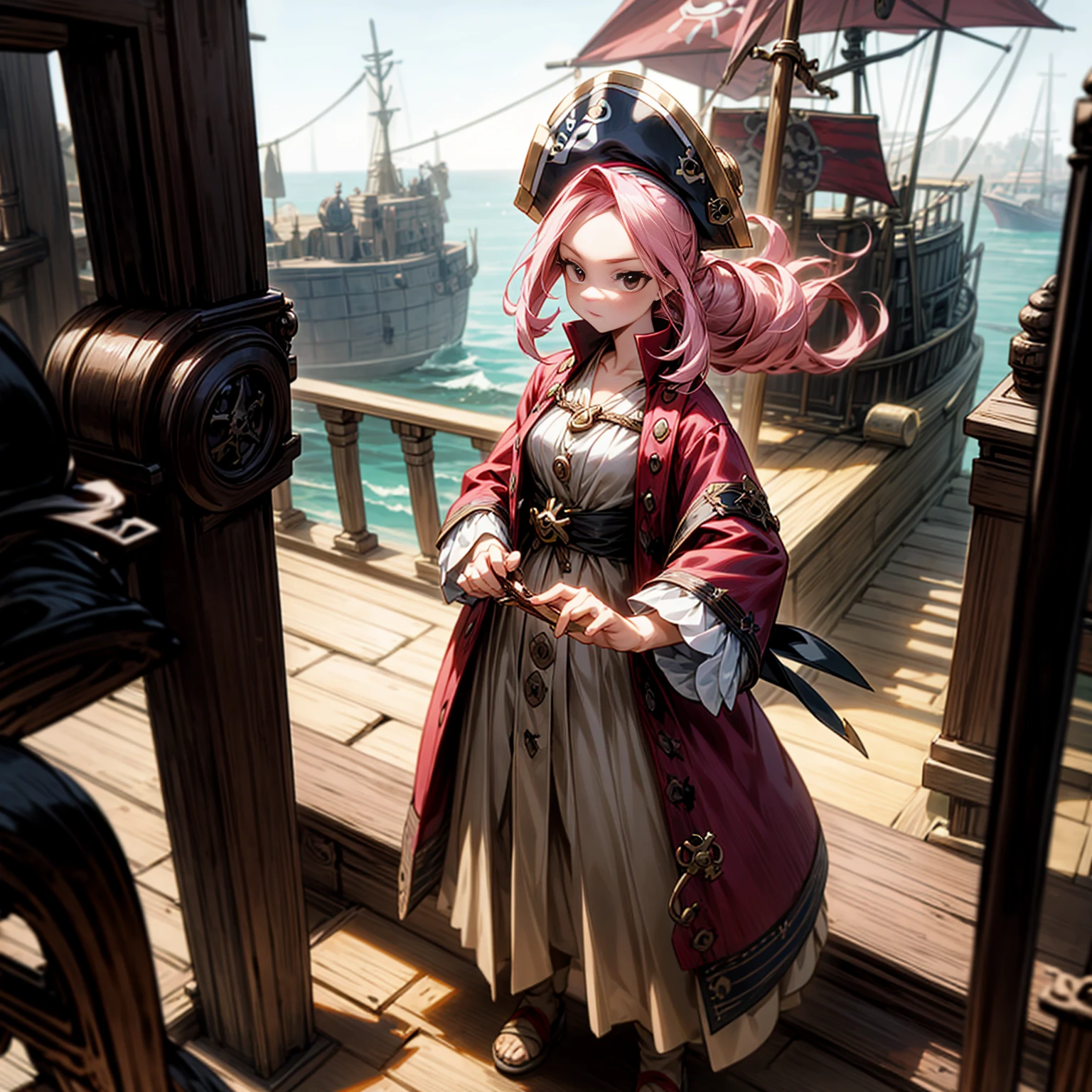 1girl, Full body version, 1character, girl version, black eyes, long Curly haircut, pink colour hair, ancient pirate style clothing, red colour clothing, Grassroots, background in the ship, motion blur, (pokemon style), standing gesture, pirate hat,