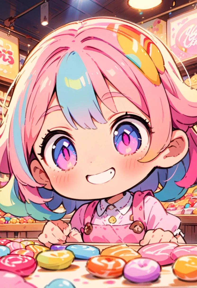 cute girl, watercolor, clear, anime style illustration, cute illustration, beautiful detail, fain touch outline, best quality, top quality, ultra detailed, masterpiece, beautiful detail, cute girl is wearing a apron, working, background candy shop, stall candy shop in the festival, lighting, night, colorful candies, many candies, smile, beautiful detail, cute illustration, cute girl