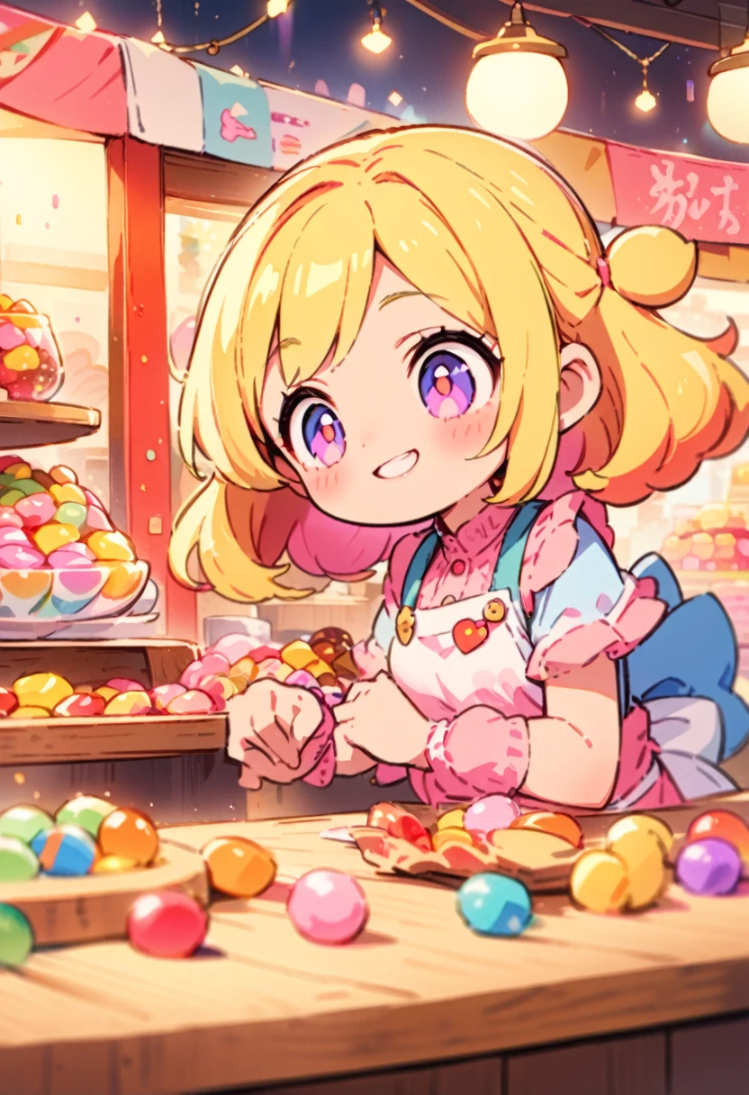 cute girl, watercolor, clear, anime style illustration, cute illustration, beautiful detail, fain touch outline, best quality, top quality, ultra detailed, masterpiece, beautiful detail, cute girl is wearing a apron, working, background candy shop, stall candy shop in the festival, lighting, night, colorful candies, many candies, smile, beautiful detail, cute illustration, cute girl