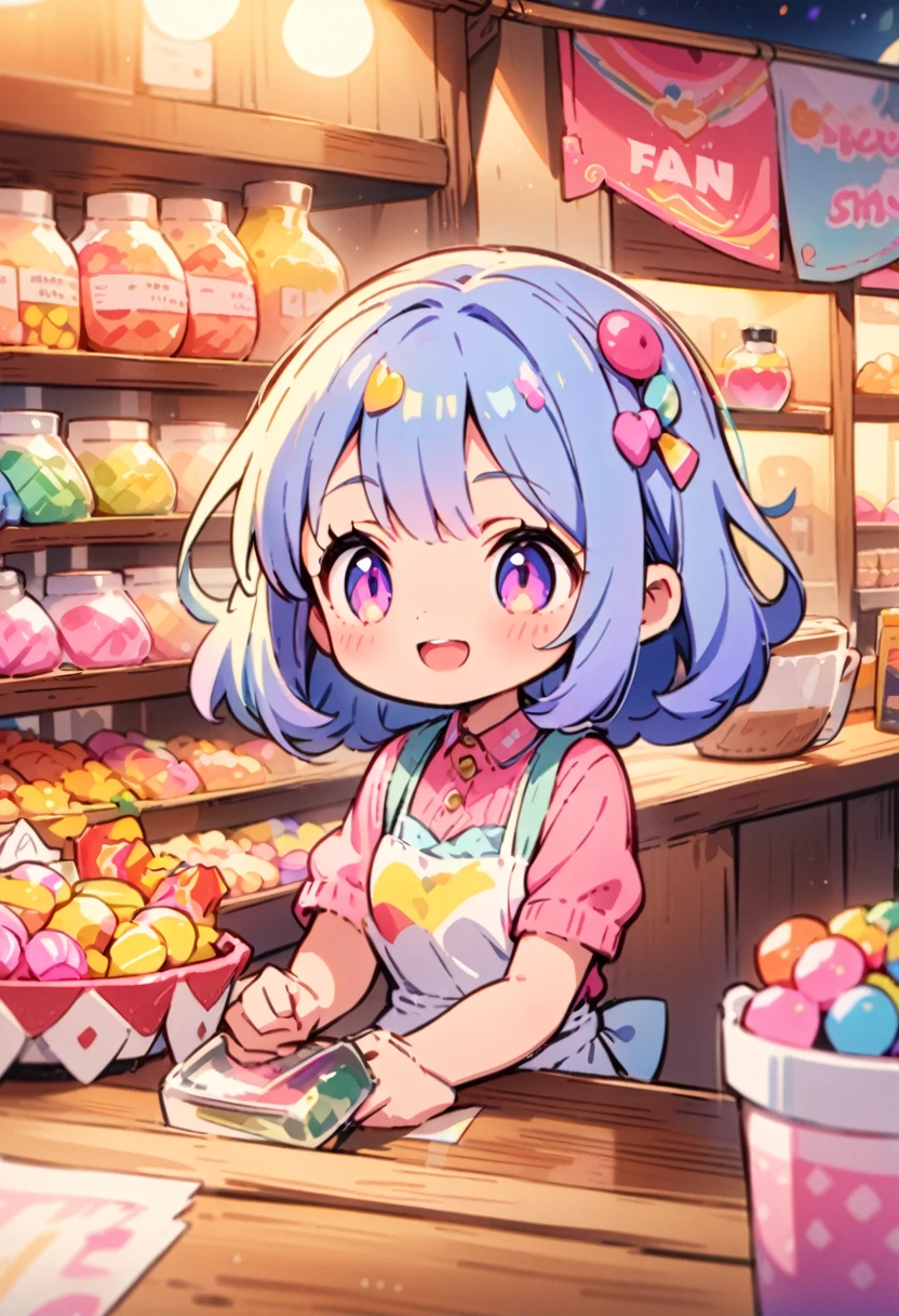 cute girl, watercolor, clear, anime style illustration, cute illustration, beautiful detail, fain touch outline, best quality, top quality, ultra detailed, masterpiece, beautiful detail, cute girl is wearing a apron, working, background candy shop, stall candy shop in the festival, lighting, night, colorful candies, many candies, smile, beautiful detail, cute illustration, cute girl