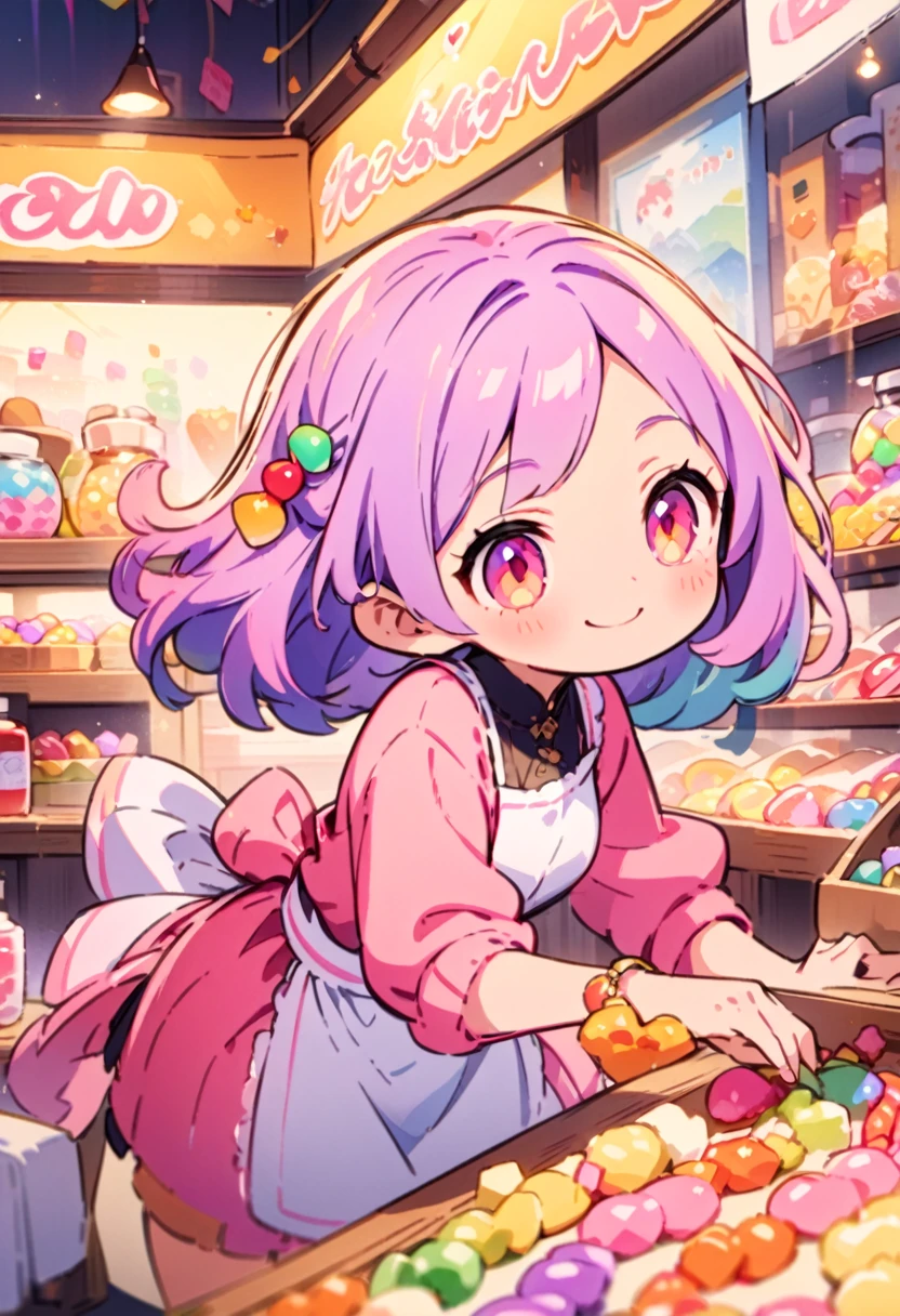 cute girl, watercolor, clear, anime style illustration, cute illustration, beautiful detail, fain touch outline, best quality, top quality, ultra detailed, masterpiece, beautiful detail, cute girl is wearing a apron, working, background candy shop, stall candy shop in the festival, lighting, night, colorful candies, many candies, smile, beautiful detail, cute illustration, cute girl
