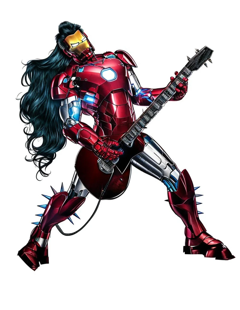 Iron Man, spikes on costume,  platform shoes,playing electric guitar, back arched back, head tilted,  long flowing hair