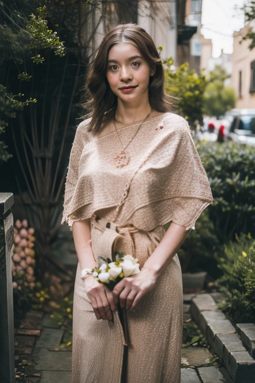 Young beautiful girl, Emma Myers, American, SOFT SMILING FACE, HAVE A BROWN HAIR, wears a old work cap, wears old-fashioned clothes, 19th century, poverty-stricken clothes, old torn clothes, 19th century period clothing, holding a bouquet, standing before her grandparents' tombstones, cemetery background, dark cities background, night time, midnight background.