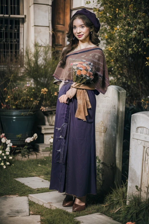 Young beautiful girl, Emma Myers, American, SOFT SMILING FACE, HAVE A BROWN HAIR, wears a old work cap, wears old-fashioned clothes, 19th century, poverty-stricken clothes, old torn clothes, 19th century period clothing, holding a bouquet, standing before her grandparents' tombstones, cemetery background, dark cities background, night time, midnight background.