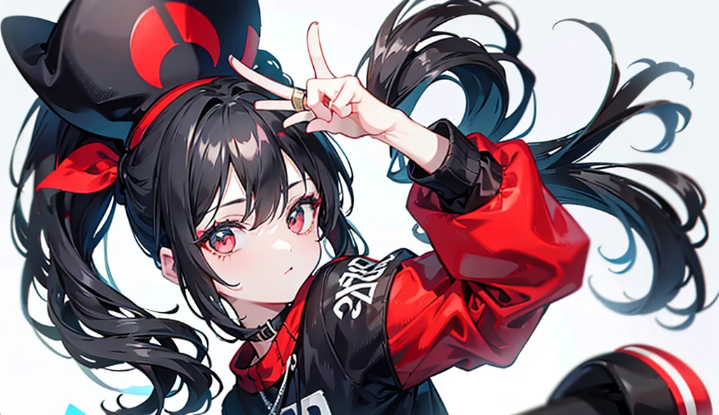 (ponytail),(Black Hair),beautiful girl,Peace sign near face, Wear a black hat,Red sneakers,It's a little far away,White tops,Black jacket,Black shorts,Tall buildings,signal machine,A lot of people,smile