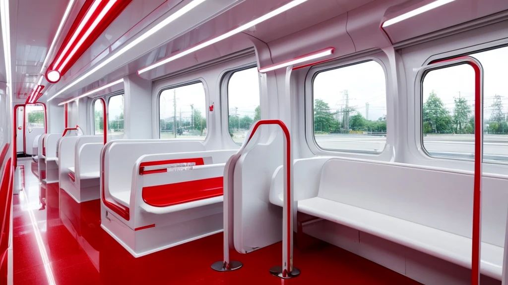 White futuristic train interior、Everything is in white、White wall、White long seats only、Red neon lines