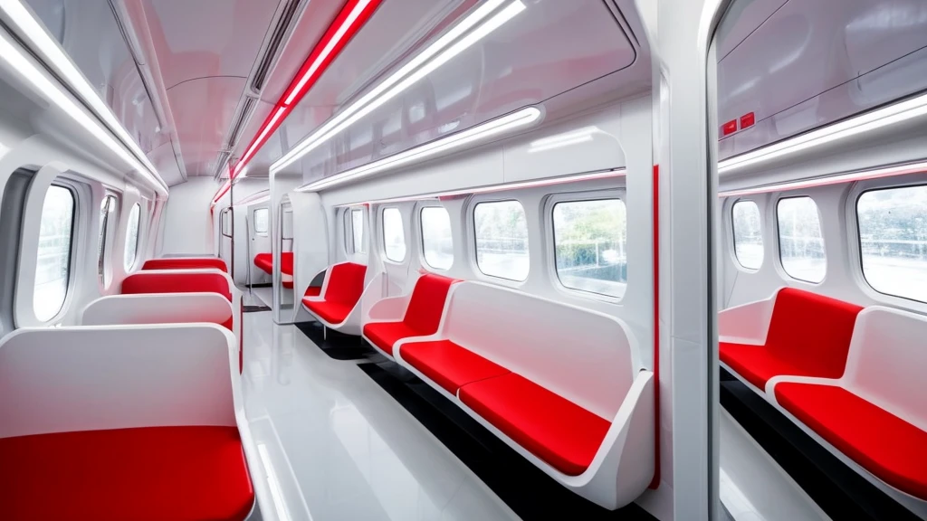 White futuristic train interior、Everything is in white、White wall、White long seats only、Red neon lines