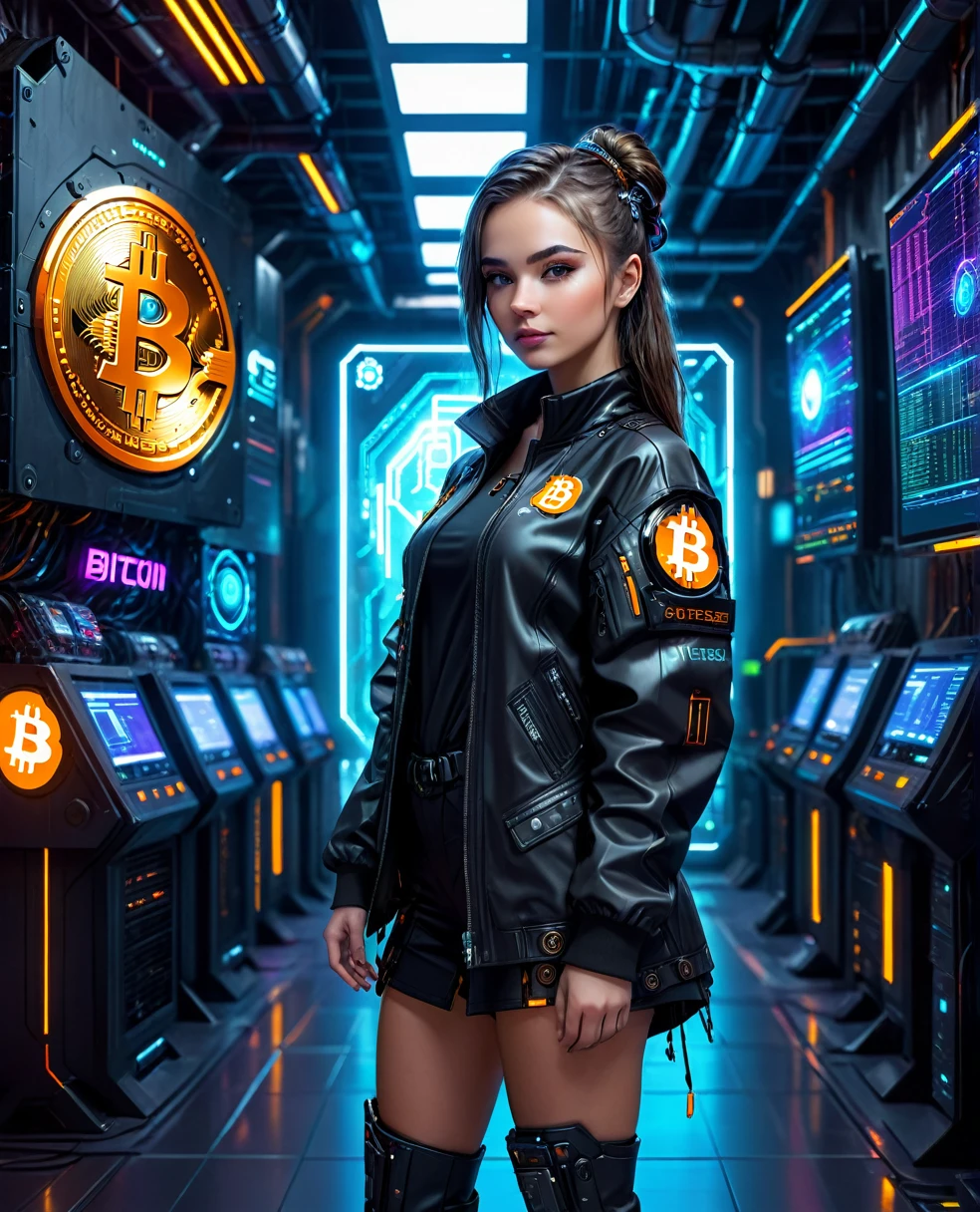 A pretty girl in cyberpunk jacket in a futuristic financial trading hall with high-tech miners mining Bitcoin, the Bitcoin symbol in a technological and electronic scenario, cyberpunk and futuristic, Science fiction, hightech, photo realist, best qualityer