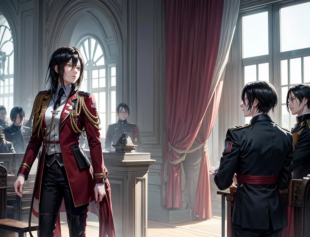 The commander of the army (he looks like Sebastian Michaelis) making his speech to his soldiers on the speaker lobby on the building and her beautiful adjutant (she looks like Mikasa from attack on Titan) is with his side
The thousands of soldiers are cheering for them