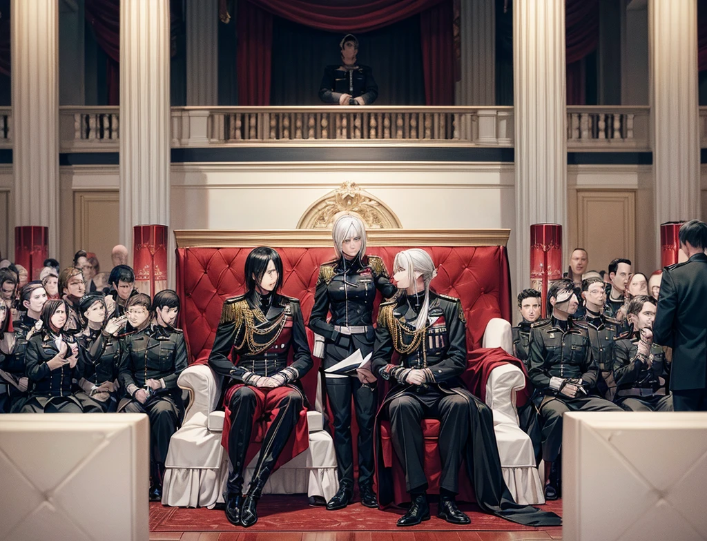 The commander of the army (he looks like Sebastian Michaelis) making his speech to his soldiers on the speaker lobby on the building and her beautiful adjutant (she looks like Mikasa from attack on Titan) is with his side 

The thousands of soldiers are cheering for them