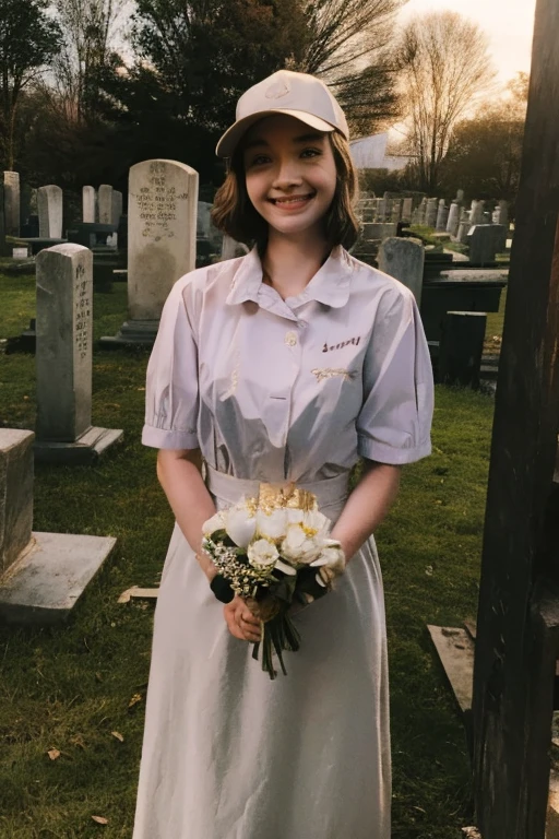 Young beautiful girl, Emma Myers, American, SOFT SMILING FACE, HAVE A BROWN HAIR, wears a old work cap, wears old-fashioned clothes, 19th century, poverty-stricken clothes, old torn clothes, 19th century period clothing, holding a bouquet, standing before her grandparents' tombstones, cemetery background, dark cities background, night time, midnight background.