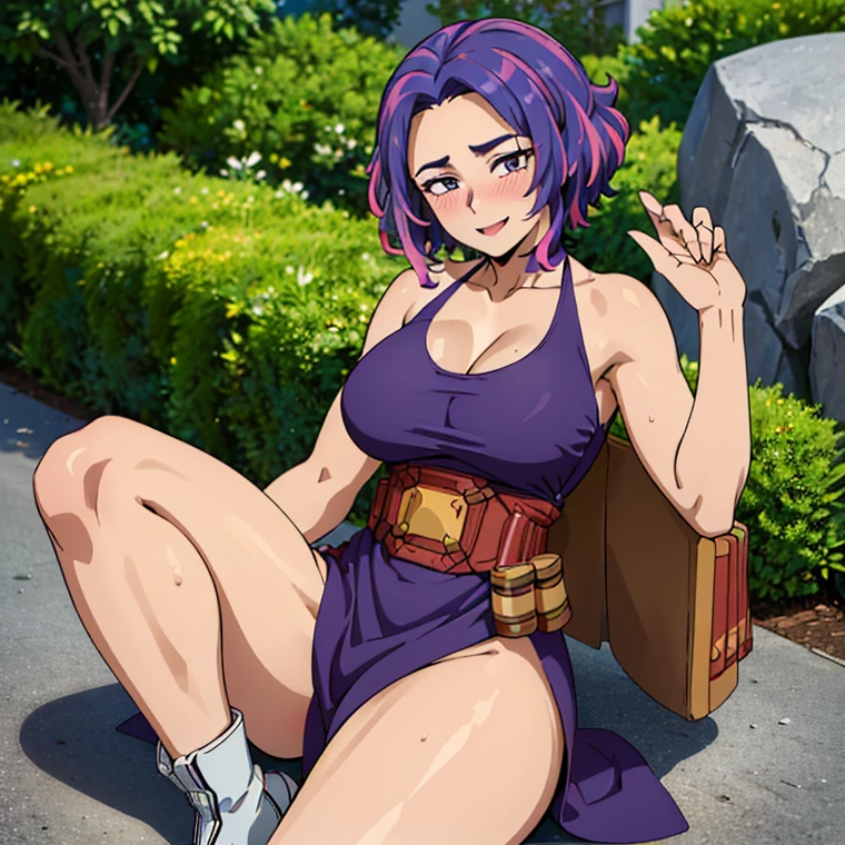 1girl, alone, lady nagant,(best quality, ultra detailed), ((full-face blush)), (detailed background:1.2), (perfect face, detailed face), looking at viewer, (mature female:1.4), smile lady_nagant, large breasts, short hair, sleeveless, streaked hair, bare shoulders, medium hair, belt, dress, purple hair,multicolored hair ,boots (garden, outdoors, sitting), perfect hands, perfect anatomy ((en bikini de color blanco "se resalte las tetas" y toda mojada)), *(("cara de excitada sacando la lengua" ))* (("en bikini ")) ((las piernas abiertas a en pose sexy en bikini))(( "sin falda" )) (("mostrando las bragas")) ((pose sexy))