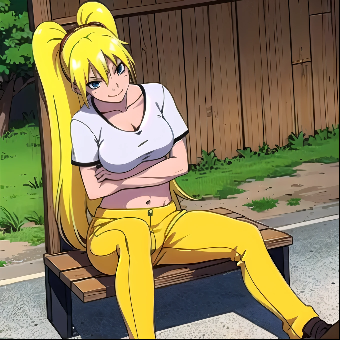 Naruko Uzumaki sitting on a bench at school, crossing her arms under her breasts with a mischievous smile.