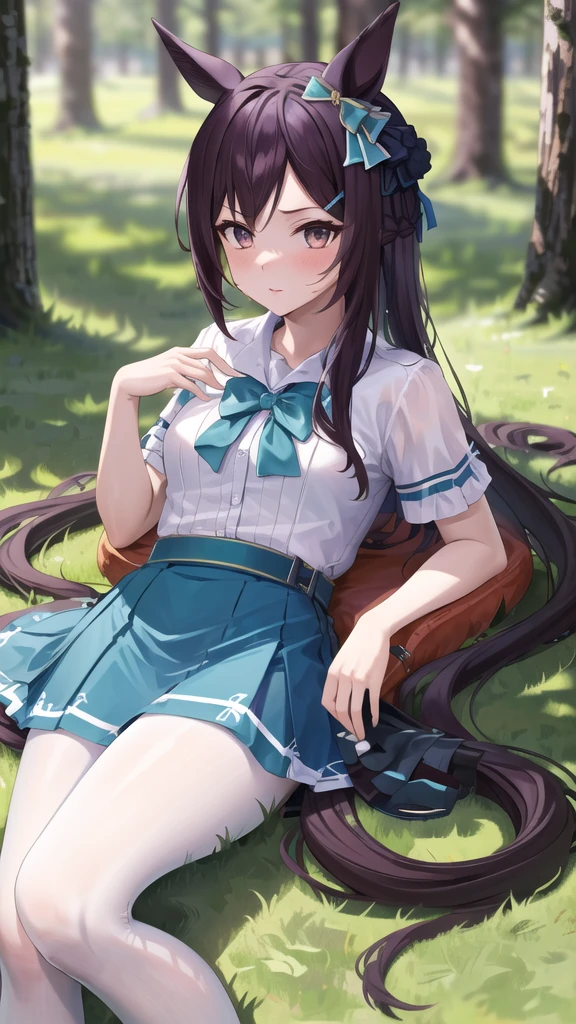 masterpiece, best quality, highres, ccsuzuka, long hair, animal ears, ear covers, white hairband, horse tail, white shirt, green ribbon, short sleeves, blue skirt, black pantyhose,(bare breasts),((lying,vaginal,sex))