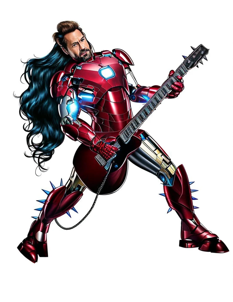 Iron Man, spikes on costume,  platform shoes, playing electric guitar, back arched back, head tilted,  long flowing hair