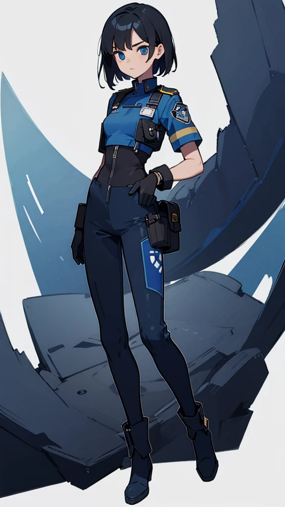 1,An android that resembles a human,Deep blue eyes,Short black hair,Dark blue uniform,Island symbol on chest,Armband on right arm,gloves,Dark blue pants for easy movement,Many side pockets,Black leather boots,badge,White background,whole body,Character portrait,