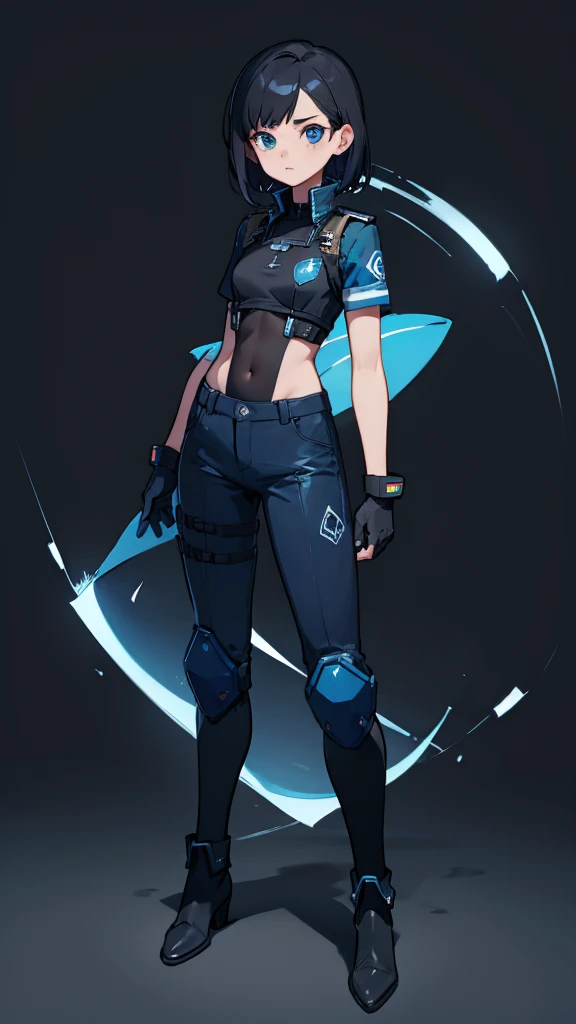 1,An android that resembles a human,Deep blue eyes,Short black hair,Dark blue uniform,Island symbol on chest,Armband on right arm,gloves,Dark blue pants for easy movement,Many side pockets,Black leather boots,badge,White background,whole body,Character portrait,