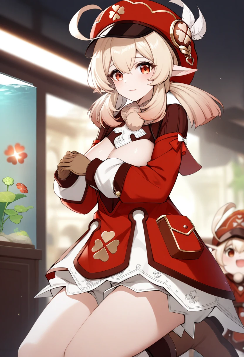 masterpiece, best quality, very aesthetic, absurdres, 1girl, mature_lady, hands cover breasts, upper body,,klee_(genshin_impact), genshin_impact, blonde_hair, ahoge, hair_between_eyes, low_twintails, medium_hair, pointy_ears, sidelocks, cabbie_hat, red_hat,four-leaf_clover, clover_print, brown_gloves, gold_trim, pom_pom_(clothes), puffy_sleeves, puffy_long_sleeves, light_long_sleeves, bloomers, dress, red_dress, ankle_boots, brown_footwear, kneehighs, white_socks, bandaid, pocket,,in aquarium,blur background,background defocus