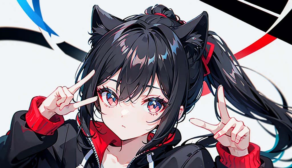 (ponytail),(Black Hair),beautiful girl,Peace sign near face, Wear a black hat,Red sneakers,It&#39;s a little far away,White tops,Black jacket,Black shorts,Tall buildings,signal machine,A lot of people,smile,In the city