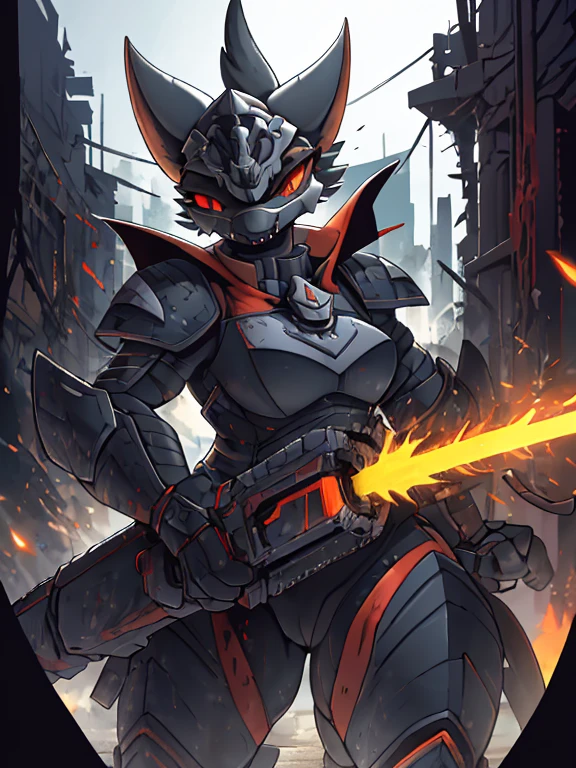 женщина anthro furry tiger ,absurdity, A high resolution, ultra detailed, 1 girl, whole body, holding mechanical chainsaw, Red eyes,  in black knightly armor, the face is covered in blood, the face is gloomy and serious+ ruins of the city,  Anime. A high resolution、masterpiece、top quality、ultra detailed、masterpiece、sharp focus、lighting like in a movie、full body image、((Black reinforced armor suit for troops with complex patterns))、helmet, covering the head and face、、(full armor、Full face armor)、((Black combat glasses))、Black sunglasses、(Pistol Shooting), (dynamic action. , blazblue pirate with blindfold, Spot on one eye, scull, in military clothing, ) 