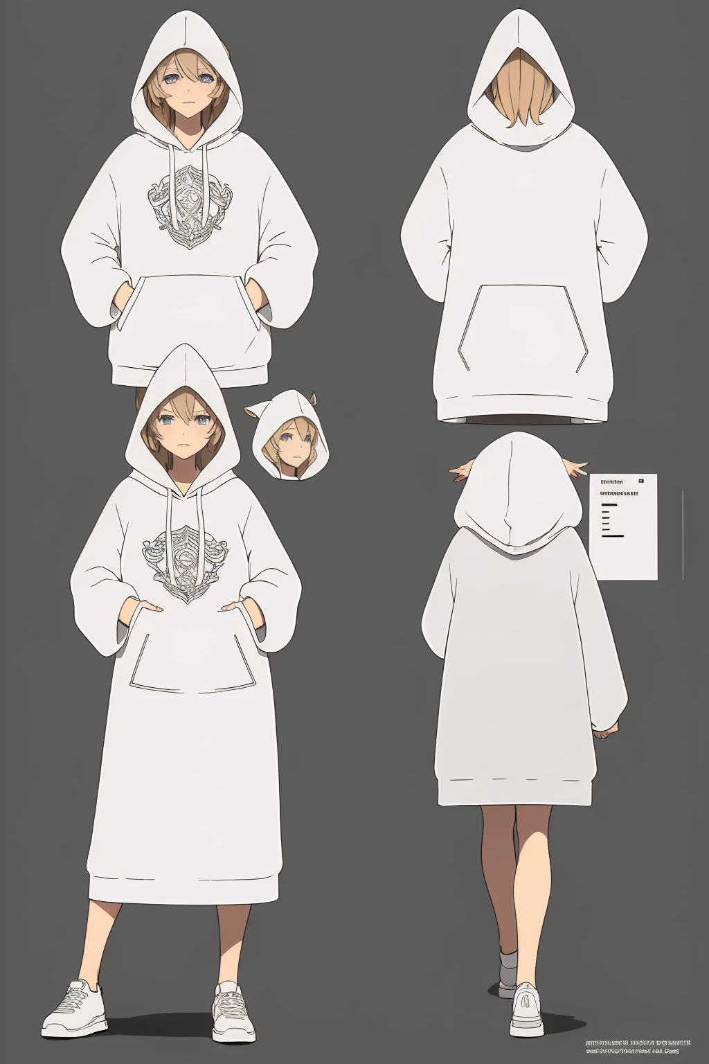 high quality, Detailed, NPC, Character Sheet, vector, White Background, Reference Sheet, Beautiful face、Reference Sheet,Triangular diagram , hoodie