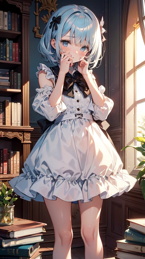 (masterpiece), (best quality), ((very detailed)), (very delicate), (A young girl),10-year-old girl, silver short hair. Soft, shiny hair. Clear cyan droopy eyes, long bangs covering her eyes. Wears glasses to avoid eye contact., Cute frilly dress with detailed textures, Luxurious room with bookshelves and fancy furniture. Often reading books,Shy, always looking down, lacking confidence, on the verge of tears