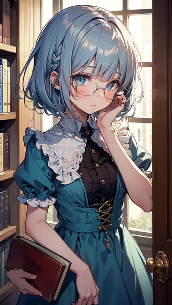 (masterpiece), (best quality), ((very detailed)), (very delicate), (A young girl),10-year-old girl, silver short hair. Soft, shiny hair. Clear cyan droopy eyes, long bangs covering her eyes. Wears glasses to avoid eye contact., Cute frilly dress with detailed textures, Luxurious room with bookshelves and fancy furniture. Often reading books,Shy, always looking down, lacking confidence, on the verge of tears