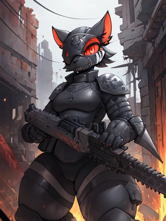 женщина anthro furry tiger ,absurdity, A high resolution, ultra detailed, 1 girl, whole body, holding mechanical chainsaw, Red eyes,  in black knightly armor, the face is covered in blood, the face is gloomy and serious+ ruins of the city,  Anime. A high resolution、masterpiece、top quality、ultra detailed、masterpiece、sharp focus、lighting like in a movie、full body image、((Black reinforced armor suit for troops with complex patterns))、helmet, covering the head and face、、(full armor、Full face armor)、((Black combat glasses))、Black sunglasses、(Pistol Shooting), (dynamic action. , pirate with blindfold, Spot on one eye, scull, in military clothing, ) 