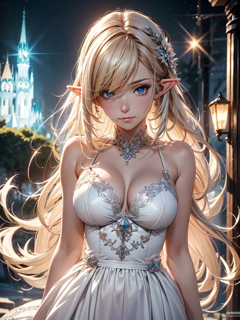 best quality, masterpiece, High resolution, 1 elf girl, beautiful girl, white detailed dress, beautiful, crystal-armor, long hair, magician, colorful magic circle, outdoor, pretty face, Above_Body, The Tyndall effect, Realistic anime, Edge lighting, two color lights, (Highly detailed skin:1.2), 8K uhd, soft light, high quality, Volumetric lighting, confess, photo, High resolution, 8K, Bokeh